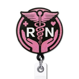 YAZMEEN Funny Registered Nurse Badge Reel Gifts - RN - Retractable Badge Holder with Alligator Clip - Pink Glitter Acrylic ID Card Holder - Gifts for Nurse Doctor Student Medical Graduates Coworker