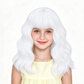 BERON White Short Bob Kids Wig Wavy Wigs with Bangs for Daily