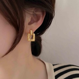 Aneneiceera Vintage Hammered Square Stud Earrings Gold Rectangular Hoop Dangle Earrings Chunky Square Earrings Thick Geometric Earrings Jewellery for Women and Girls (Gold), Zinc