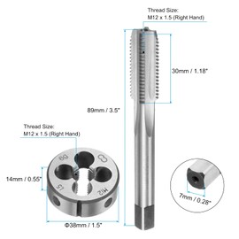 sourcing map 3pcs Metric Hand Tap and Die Set, M12 x 1.5 Taper/Plug Thread Taps & Round Die, Hand Threading Tapping Tool Kit for Thread Repair