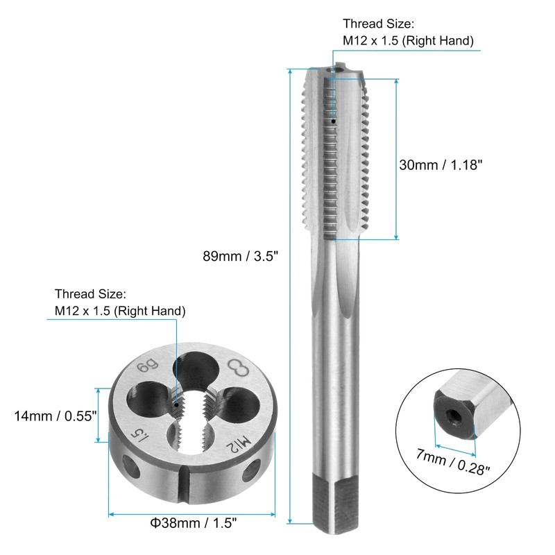 sourcing map 3pcs Metric Hand Tap and Die Set, M12