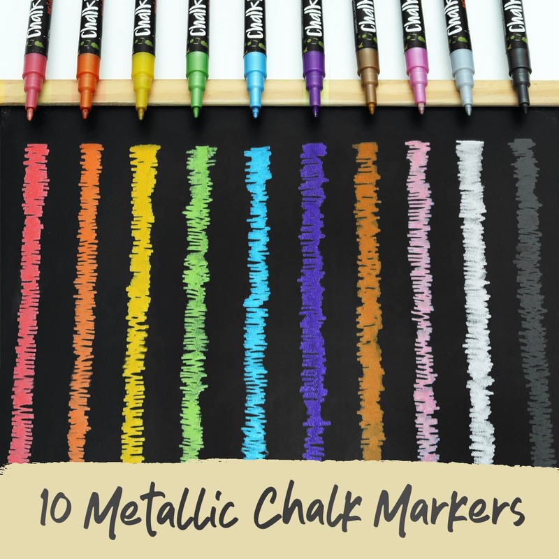 Chalkola Extra Fine Tip Metallic Chalk Markers (10 Pack, 1mm