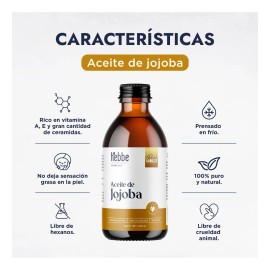 Aceite De Jojoba Puro, Prensado En Frio, Sin Aroma, Antiestrias, capilar y corporal Hebbe Cosmetics 250ml