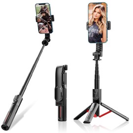 AGVEE Bluetooth Remote Selfie Stick, 7.8 to 34in Compact Aluminum Pole, 360 Rotatable Phone Holder for Stable Photos/Videos, Red in Black