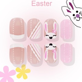 MIXFOSAHN Easter Press on Nails Short Square Fake Nails Nude False Nails with White Border Designs Rabbit Ear Glossy Stick on Nails Glue on Nails Easter Nails Acrylic Nails for Women Girls 24 Pcs