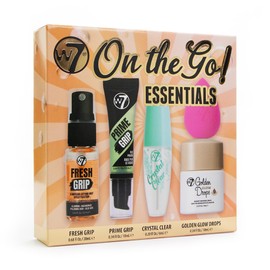 W7 On the Go Essentials Gift Set - Mini Makeup Must-Haves with Primer, Setting Spray, Mascara, Golden Glow Bronzing Drops & Beauty Sponge - Travel or Handbag Size Essentials