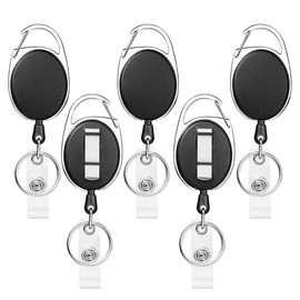 SOVYOULIVE 5 Pack Heavy-Duty Retractable Badge Holders with Carabiner Clip and Key Ring, Black ID Badge Reel for Office, ID Card Holder and Key Chain