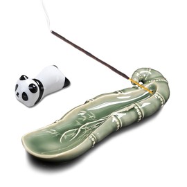 9“ Long Celadon Bamboo Root Shaped Incense Stick Holder, with Cute Ceramic Panda, Suitable for Burning Sage and Palo Santo Sticks