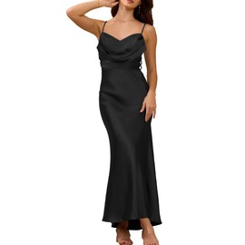 Women's Satin Spaghetti Strap Cowl Neck Backless Midi Wedding Guest Dress Ruched Sleeveless Tie Summer Dresses Black
