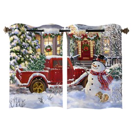 Christmas Curtains Panels for Bedroom Happy Snowman Red Truck Load Xmas Tree Window Curtains for Living Room Solding Glass Door - Set of 2 Panels, 80" W by 63" L