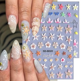 2 Sheets 5D Embossed Summer Flower Nail Stickers for Nail Art Self-Adhesive Starfish Nail Art Stickers Colorful Floral Bow Starfish Shell Nail Decals Summer Beach Nail Design Sticker for Women