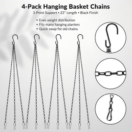 Dcoteh 4 Pack, 3 Point 23 Inch Black Hanging Baskets Chain, Hanging Chains with Hooks Flower Pot Chain Replacement Plant Hangers for Planters, Bird Feeders, Indoor and Outdoor Decoration
