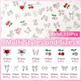 110 Pcs Silver Nail Charms and Gems, 3D Butterfly Bows Nail Art Charms, Alloy Silver Nails Bows Charm, Buttefly Bowknots Nails Charm for Acrylic DIY Y2K