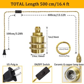 DTIEDY 16.4ft Pendant Light Cord Kit, Gold Hanging Lights Kit with Plug in Cord On/Off Switch, Plug-in Pendant Lamp Socket E26 DIY for Bedroom Living Room, Bulb Not Included