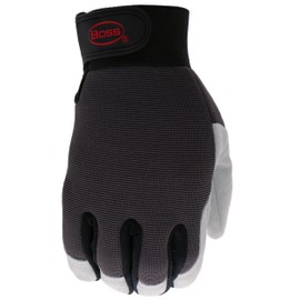 Boss Men's Job Master Suede Split Cowhide Performance Leather Work Glove, Spandex Backing, Hook and Loop Closure, Abrasion Resistant, Black/Gray, Large, (B51091-L)