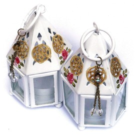 Set of Two Decorative Small Mini White Metal Hanging Lanterns Tea Light Candle Holders with Hand Painted Pink Roses Romantic Shabby Chic Decor Soft Lighting Accents