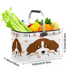 Cartoon Dog Folding Picnic Basket Shopping Basket with Heavy Duty Handle Reusable Collapsible Market Basket for Travel Shopping Beach Grocery Bag
