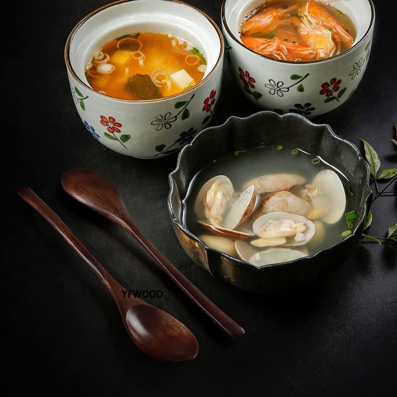 YFWOOD 2 Pcs Spoons Set 22.5cm Natural Wood Lacquered Soup