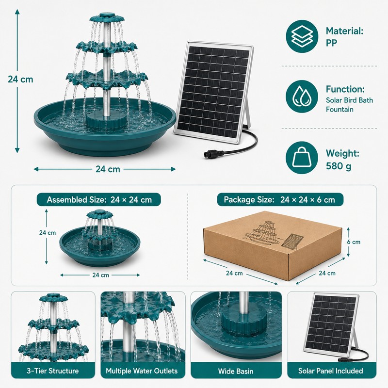 3-Tier Solar Bird Bath Fountain with 3.5W Detachable Solar Panel