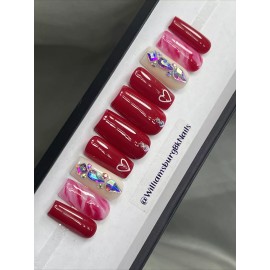 Handmade  CUSTOM Gel Press On Nails, RED HEART W BLING 10p FULL SET W Kit