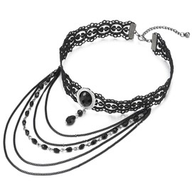 Gothic Victorian Nostalgic Black Lace Choker Necklace with Long Dangling Teardrop Beads and Chains(CA)