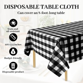 Bouiexye 4 Pack Disposable Table Cloth Black Gingham Plastic Tablecloth 54 x 108 Inch Rectangular Tablecloths for Indoor Outdoor Party Birthdays Weddings Christmas Anniversary Buffet Table