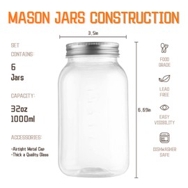 novelinks 32 OZ Clear Plastic Mason Jars with Lids - Dishwasher Safe Plastic Mason Jars 32 OZ Plastic Jars with Lids for Kitchen & Household Storage (6 Pack) (Silver)