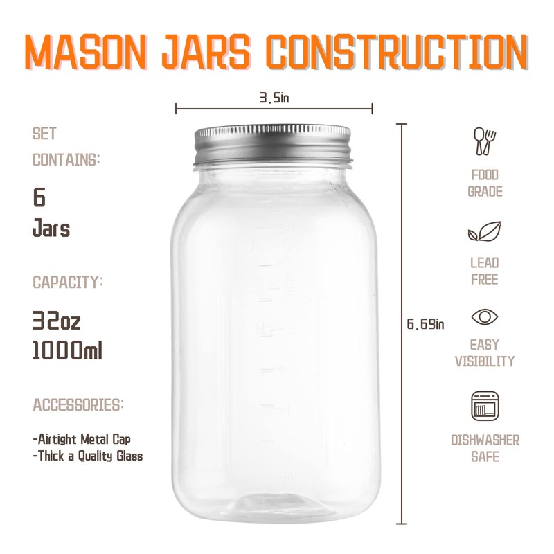novelinks 32 OZ Clear Plastic Mason Jars with Lids -