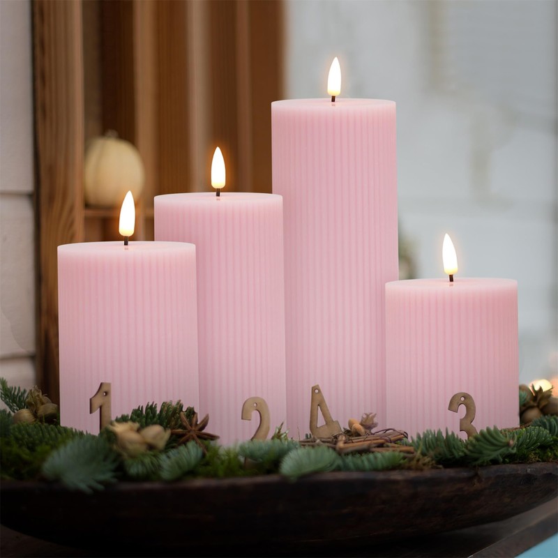 Girimax Pink Ribbed Flameless Pillar Candles with Remote, Flat Top