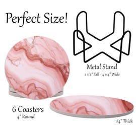 Pink Marble Round Coasters Set of 6 - Abosrbent Ceramic Coasters with Metal Stand for Drinks, Beer, Coffee, Non-Slip Cork Back for Tabletop Protection, 4 Inches (Pink 4)