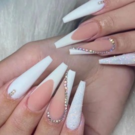 RUNRAYAY White French False Nails with Rhinestones, Splicer on Nails with Sequin Design, Long Stick on Nails, False Nails Art Kit for Women Girls