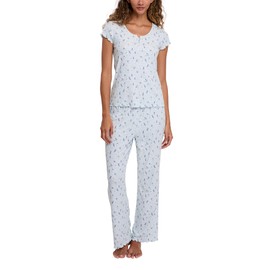Laura Ashley Women's Pajamas 2 Piece Ribbed Knit Short Sleeve Henley Top and Pants PJ Set (US, Alpha, Medium, Regular, Regular, Blue Ditsy)