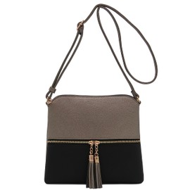 DELUXITY Lightweight Color-block Medium Crossbody Bag with Tassel (Pewter/Black)