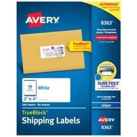 Avery Printable Shipping Labels, Sure Feed Technology, 2" x 4", White, 500 Blank Mailing Labels (8363)