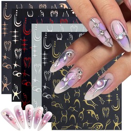 3D Nail Flame Stickers, Metallic Gothic Nail Decals Designer Nail Art Supplies White Black Gold Stripe Line Self-Adhesive Nail Design for Nail DIY Decoration for Women French Nail Art 6 Sheets