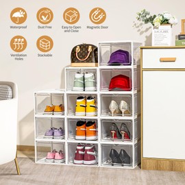 Upgraded X-Large 9 Pack Clear Shoe Storage Organizer,Stackable Shoe Rack for Closet,Plastic Shoe Boxes with Magnetic Door,Shoe Containers For Sneaker Display,Fit up to US Size13