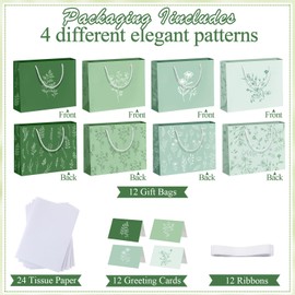 MotiMind 12 Sets 13" Large Gift Bags, Paper Gift Bags with Handles, Ribbon, Greeting Cards, and Tissue for Easter Birthday Wedding Mother’s Day Party Supplies(White,Leaf)