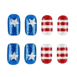 4th of July Fake Nails Medium Press on Nails Red Blue Square False Nails with Glitter Design Full Cover Glossy Acrylic Nails Stick on Nail for Women Girls Independence Day Parade Manicure 24Pcs
