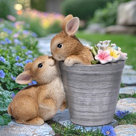 Hodao Bunny Kissing Resin Decor - Floral-Painted Planter Ornament for Easter & Spring - Indoor Outdoor Home Garden Accents(Brown)