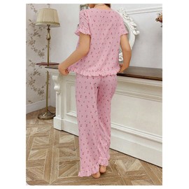 Verdusa Women's 2 Piece Pajama Sets Floral Print Puff Sleeve Bow Front Square Neck Short Sleeve Top and Pants Pajama Set Pink Large