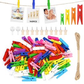 HavaCue 140PCS Mini Wooden Pegs, Small Pegs,2.5/3/3.5/4.5CM Wedding Photo Pegs Mini Pegs for Polaroid Photos With 10M Jute String DIY Small Wooden Pegs for Photo Wall Display Party (color)