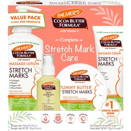 Palmer's Kit para Estras Embarazo con Manteca de Cacao Tratamiento Completo con Locin, Crema, Blsamo y Aceite Corporal para Reducir Estras y Mejorar la Elasticidad de la Piel Aprobado por dermatlogos Set de regalo de 4 piezas
