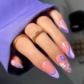 Purple French Tips Press On Nails Spring Medium Almond Fake Nails With Flower Design Daisy Glue on Nails Full Cover Floral Nails Glossy Reusable Summer False Nails for Women Girls Manicure 24pcs