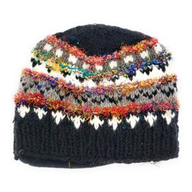 Hand Knit Wool & Recycled Silk Beanie Hat & Fingerless Gloves Set Fleece Lined Made in Nepal (Black)
