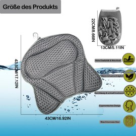 Bath Pillow, 4D Breathable Bath Pillow with 1 Shower Sponge, Bath Pillow Bathtubs 6 Suction Cups Bath Whirlpool Pillow Shower Pillow Neck Pillow Spa Comfort Neck Pillow Gift (Grey)