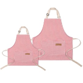 YUJIANmy Parent and Child Matching Aprons Set ，2-Pack，Adjustable Kitchen Aprons with Pockets for Women&Kids,Perfect for Mom and Daughter Family Bonding (Red and White Stripes)