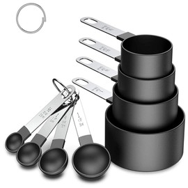 Measuring Spoon Set, Gram Measuring Cups and Spoons Set, Measuring Spoon Set, 8-Piece Set, Plastic Measuring Cup and Spoon with Stainless Steel Handle, Measuring Tool for Liquids and Solids, Black