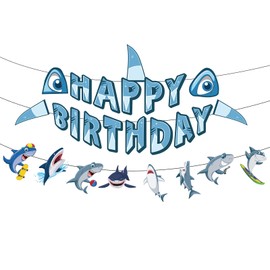 Penitue Shark Happy Birthday Banner, Ocean Themed Party Decorations Cute Funny Shark Party Supplies Hanging Letters Sign Garlands for Under The Sea Theme Parties Wall Decor
