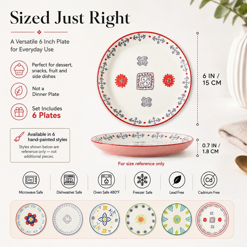CINAIMPRESSION Hand Painted Ceramic Plates Set of 6, 6 Inch