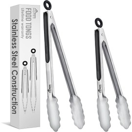Hotec Pinzas de Cocina de Acero Inoxidable, Pinzas Barbacoa, 23cm y 30,5 cm, con Cierre de Metal Para Alimentos, Silicona Agarre Antideslizante